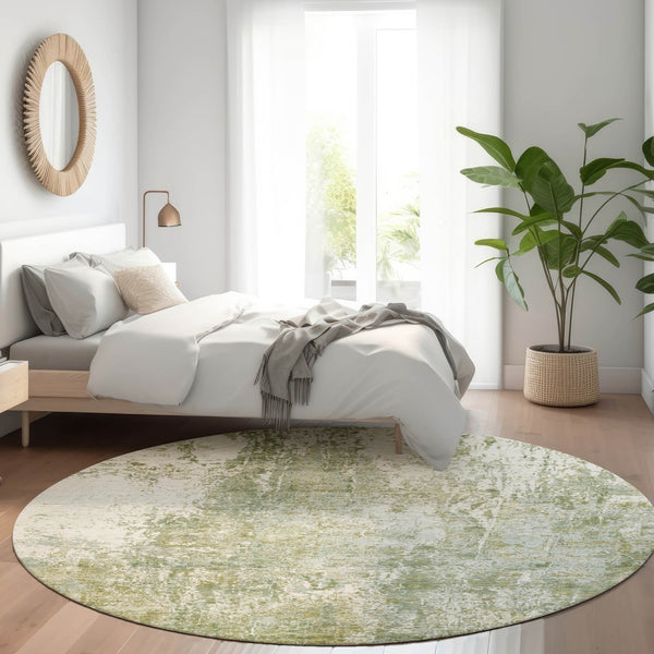 HomeRoots 8' Stylish Artichoke Green & Ivory Abstract Round Area Rug - Washable, Durable, Indoor/Outdoor Use! 620289