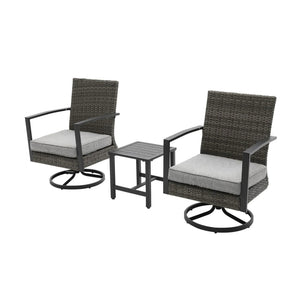 English Elm 3-piece Pe Rattan Swivel Rocker Bistro Set with Cushions for Balconies and Patios B082S00069