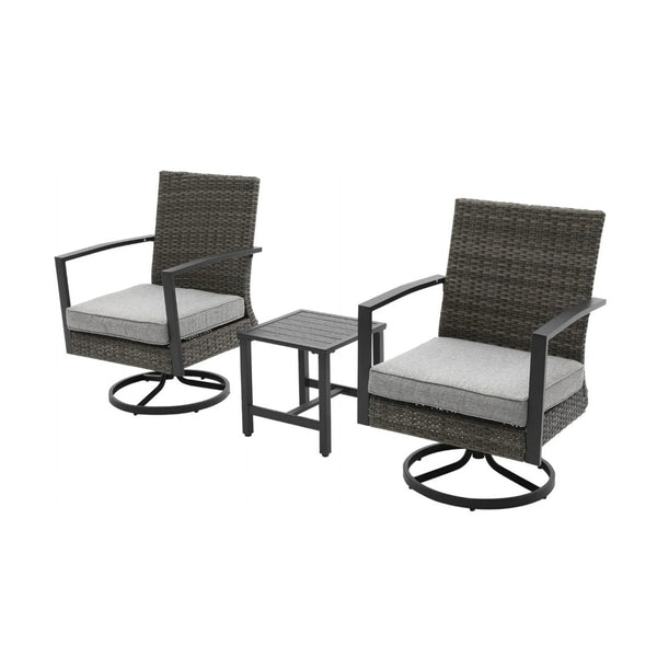 English Elm 3-piece Pe Rattan Swivel Rocker Bistro Set with Cushions for Balconies and Patios B082S00069