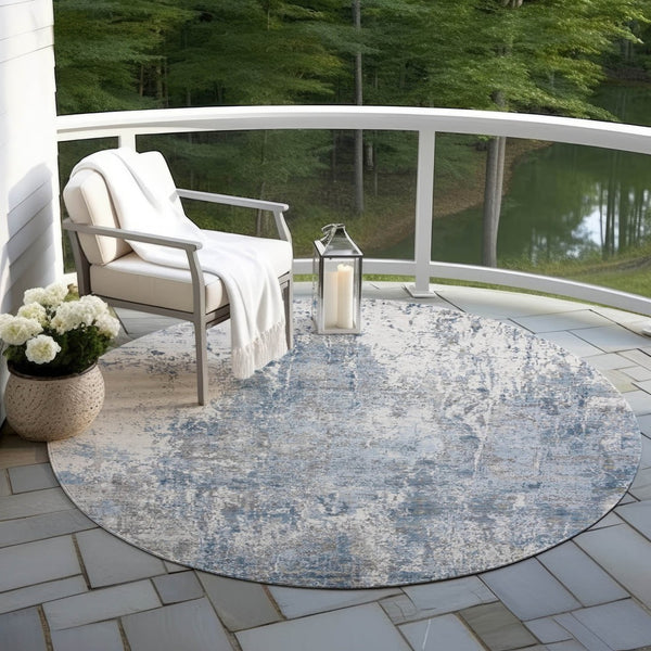 HomeRoots 8' Blue and Ivory Round Abstract Area Rug - Durable, Washable Design for Indoor & Outdoor Spaces 620301