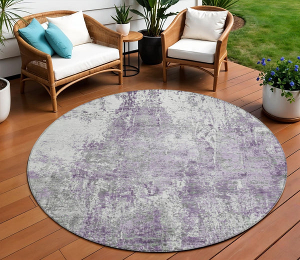 HomeRoots 8' Plum and Ivory Round Abstract Washable Area Rug – Stylish, Durable, and Perfect for Indoor/Outdoor Use! 620307