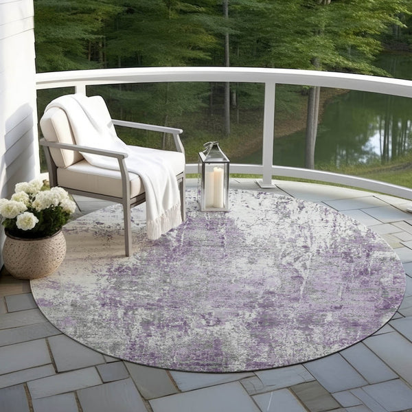 HomeRoots 8' Plum and Ivory Round Abstract Washable Area Rug – Stylish, Durable, and Perfect for Indoor/Outdoor Use! 620307