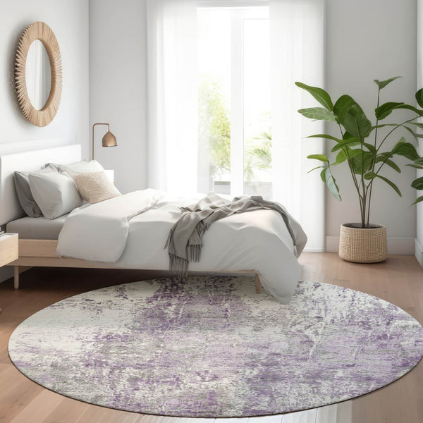HomeRoots 8' Plum and Ivory Round Abstract Washable Area Rug – Stylish, Durable, and Perfect for Indoor/Outdoor Use! 620307