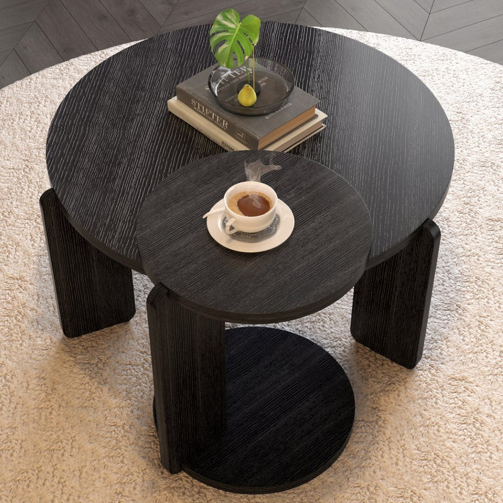 English Elm 32.68 Inch Black Oak Veneer Nesting Round Coffee Table Set for Modern Living Rooms W2899P435699