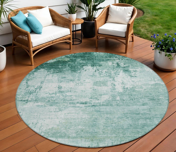 HomeRoots 8' Aqua and Ivory Round Abstract Area Rug - Washable, Durable, Stylish for Indoor & Outdoor Spaces 620313