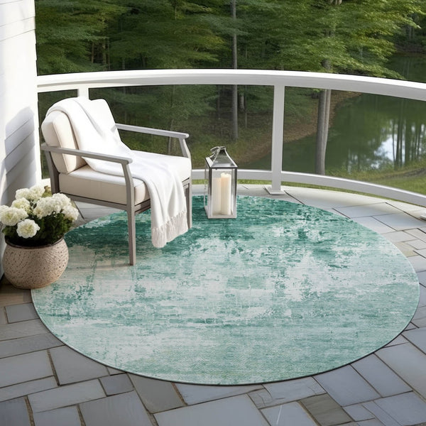 HomeRoots 8' Aqua and Ivory Round Abstract Area Rug - Washable, Durable, Stylish for Indoor & Outdoor Spaces 620313