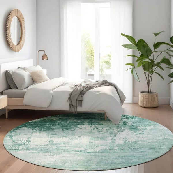 HomeRoots 8' Aqua and Ivory Round Abstract Area Rug - Washable, Durable, Stylish for Indoor & Outdoor Spaces 620313