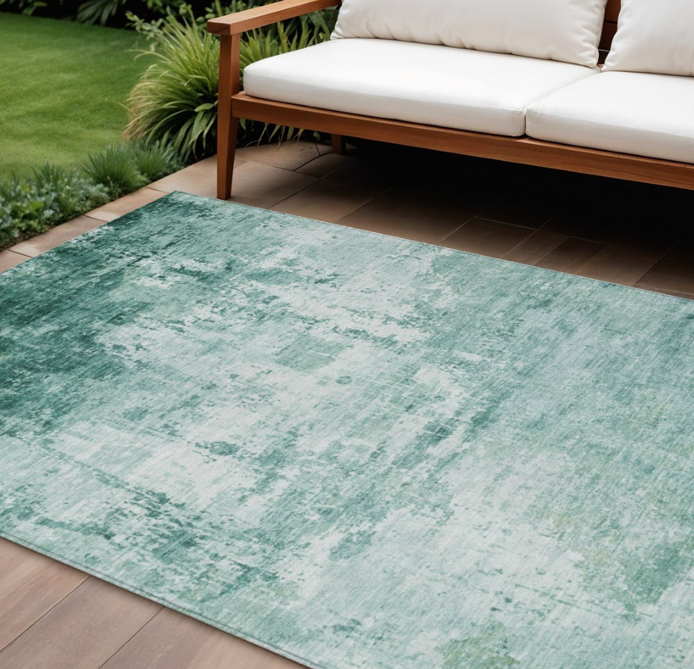 HomeRoots 8' X 10' Aqua And Ivory Abstract Washable Rug – Stylish, Durable Indoor/Outdoor Mat for High-Traffic Areas 620314