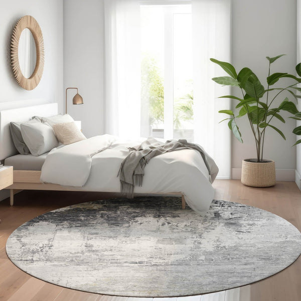 HomeRoots 8' Gray and Ivory Round Abstract Area Rug - Washable, Durable, Modern Design for Indoor & Outdoor Use 620331