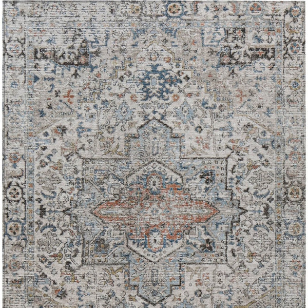 HomeRoots 5' X 8' Elegant Ivory Blue Copper Floral Medallion Washable Rug for Indoor & Outdoor Spaces 620354