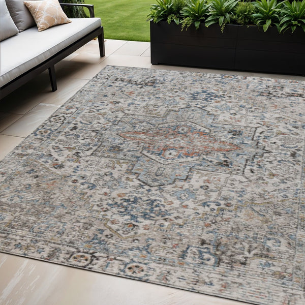 HomeRoots 5' X 8' Elegant Ivory Blue Copper Floral Medallion Washable Rug for Indoor & Outdoor Spaces 620354