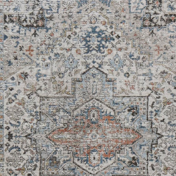 HomeRoots 5' X 8' Elegant Ivory Blue Copper Floral Medallion Washable Rug for Indoor & Outdoor Spaces 620354