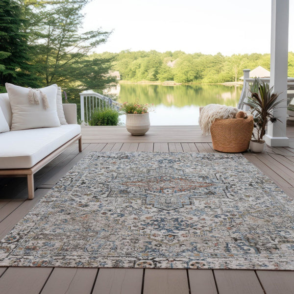 HomeRoots 5' X 8' Elegant Ivory Blue Copper Floral Medallion Washable Rug for Indoor & Outdoor Spaces 620354