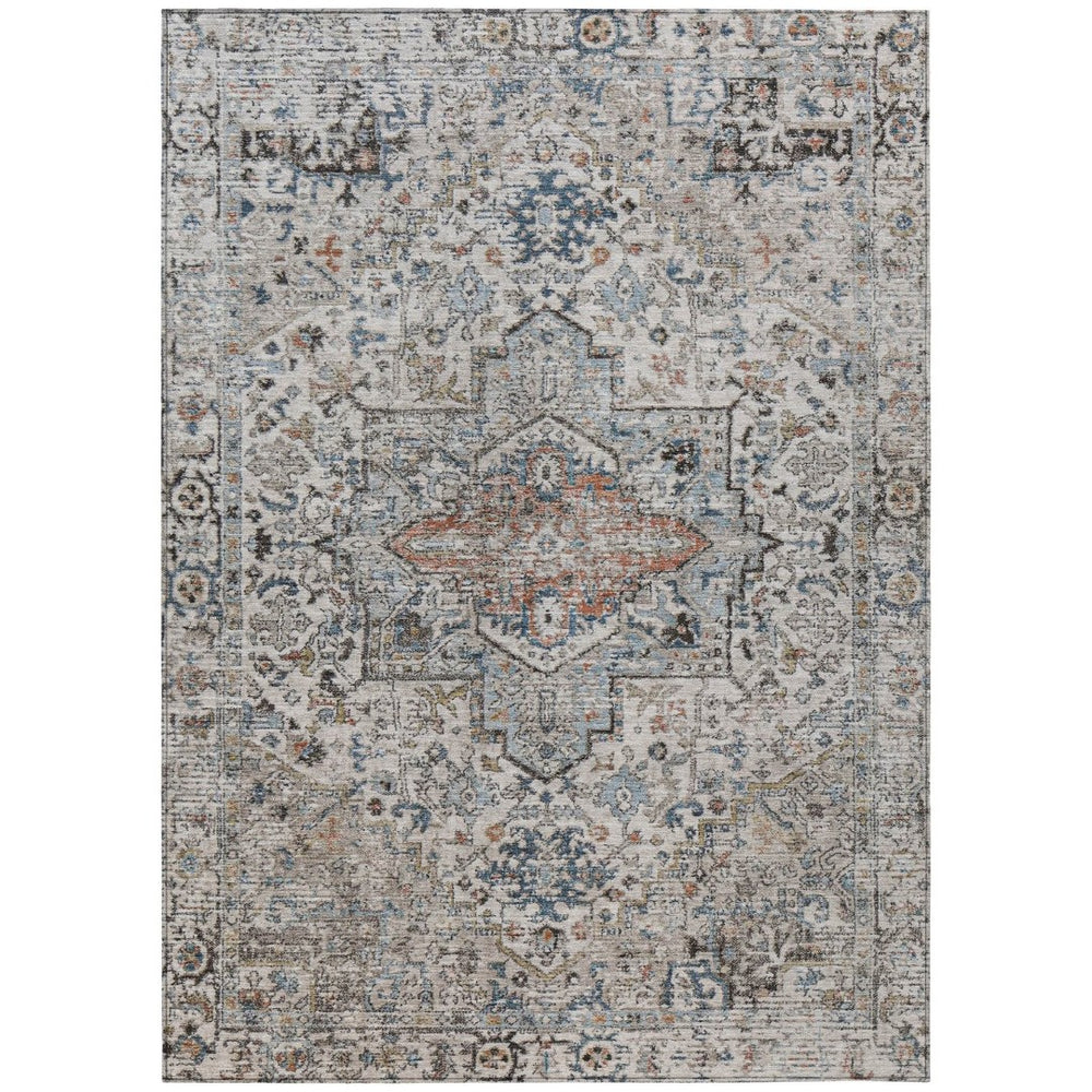 HomeRoots 5' X 8' Elegant Ivory Blue Copper Floral Medallion Washable Rug for Indoor & Outdoor Spaces 620354
