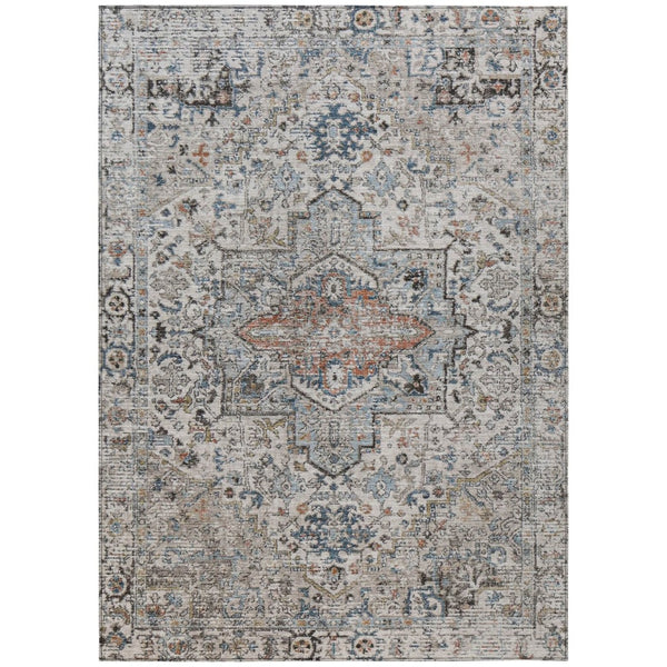 HomeRoots 5' X 8' Elegant Ivory Blue Copper Floral Medallion Washable Rug for Indoor & Outdoor Spaces 620354