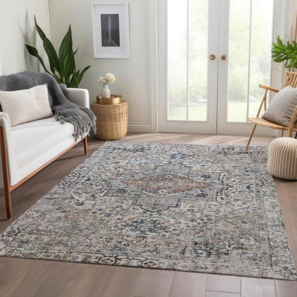 HomeRoots 5' X 8' Elegant Ivory Blue Copper Floral Medallion Washable Rug for Indoor & Outdoor Spaces 620354