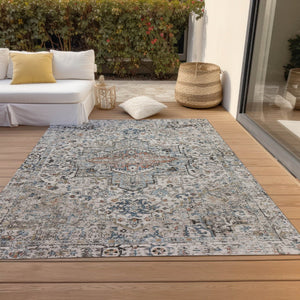 HomeRoots 5' X 8' Elegant Ivory Blue Copper Floral Medallion Washable Rug for Indoor & Outdoor Spaces 620354