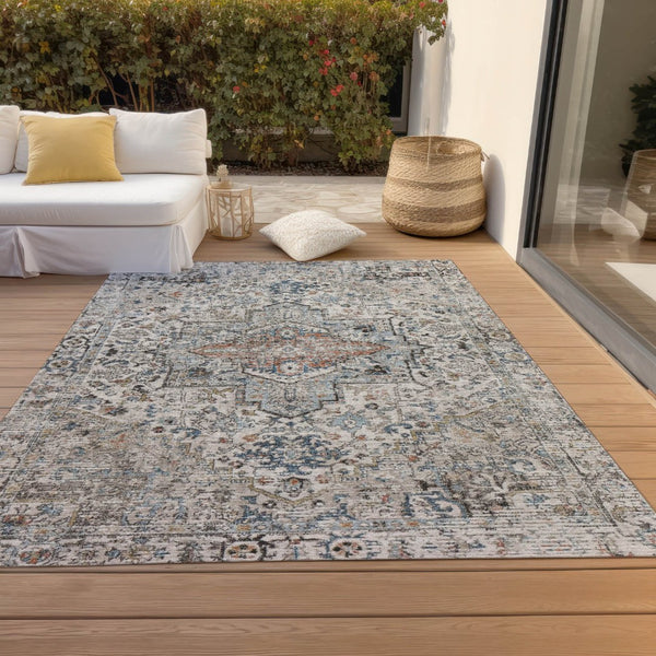 HomeRoots 5' X 8' Elegant Ivory Blue Copper Floral Medallion Washable Rug for Indoor & Outdoor Spaces 620354