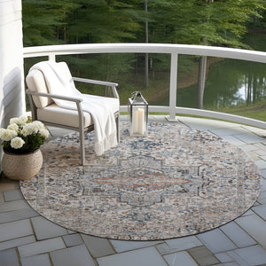 HomeRoots 8' Round Floral Medallion Area Rug - Stylish Ivory, Blue & Copper Design for Indoor/Outdoor Use 620355