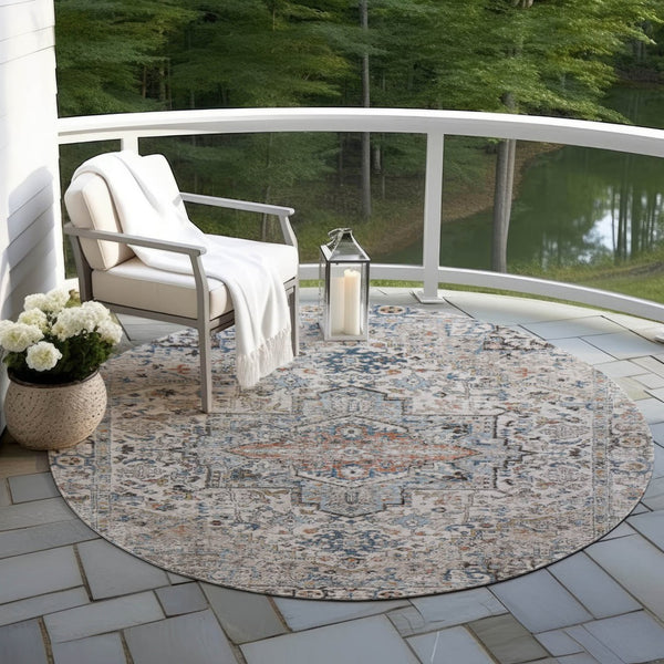 HomeRoots 8' Round Floral Medallion Area Rug - Stylish Ivory, Blue & Copper Design for Indoor/Outdoor Use 620355