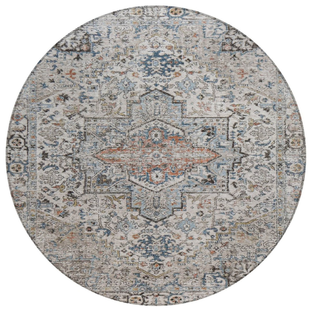 HomeRoots 8' Round Floral Medallion Area Rug - Stylish Ivory, Blue & Copper Design for Indoor/Outdoor Use 620355