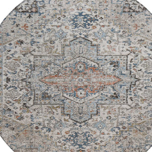 HomeRoots 8' Round Floral Medallion Area Rug - Stylish Ivory, Blue & Copper Design for Indoor/Outdoor Use 620355
