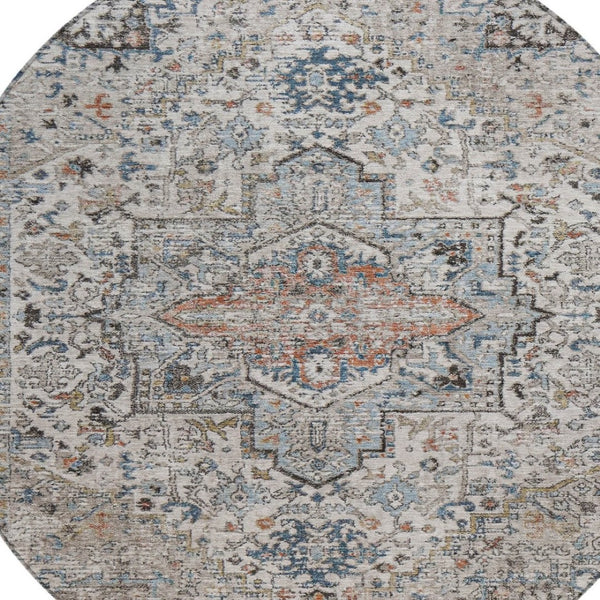 HomeRoots 8' Round Floral Medallion Area Rug - Stylish Ivory, Blue & Copper Design for Indoor/Outdoor Use 620355