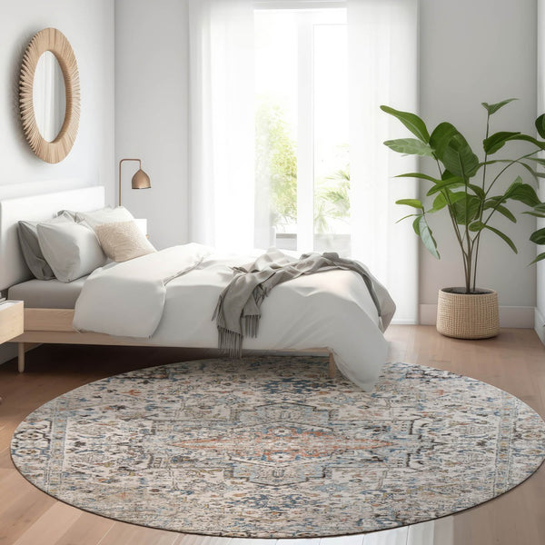HomeRoots 8' Round Floral Medallion Area Rug - Stylish Ivory, Blue & Copper Design for Indoor/Outdoor Use 620355