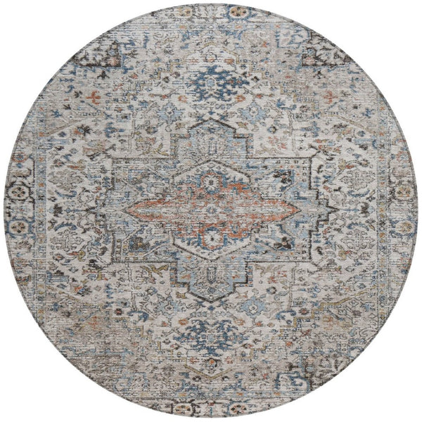 HomeRoots 8' Round Floral Medallion Area Rug - Stylish Ivory, Blue & Copper Design for Indoor/Outdoor Use 620355
