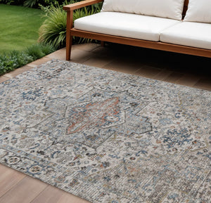 HomeRoots 9' Stylish Ivory Blue Copper Floral Medallion Area Rug - Washable, Durable for Indoor & Outdoor Use 620357