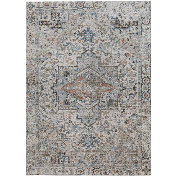 HomeRoots 9' Stylish Ivory Blue Copper Floral Medallion Area Rug - Washable, Durable for Indoor & Outdoor Use 620357