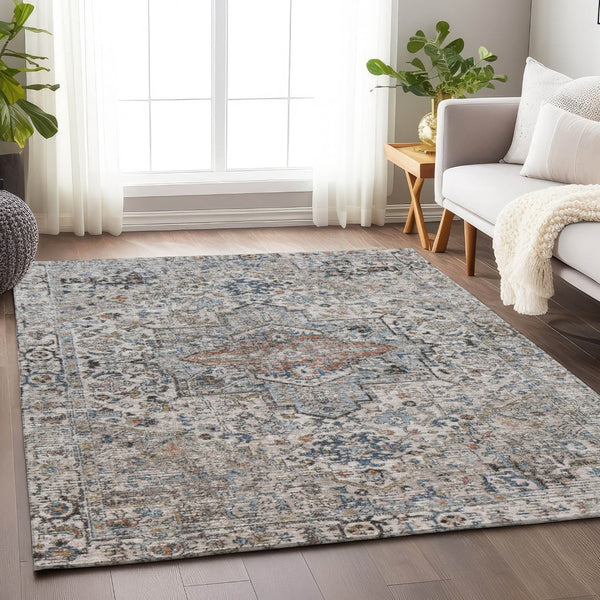 HomeRoots 10' Elegant Floral Medallion Area Rug in Ivory, Blue & Copper - Washable for Indoor/Outdoor Use 620358