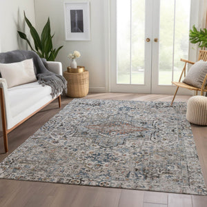 HomeRoots 10' Elegant Floral Medallion Area Rug in Ivory, Blue & Copper - Washable for Indoor/Outdoor Use 620358