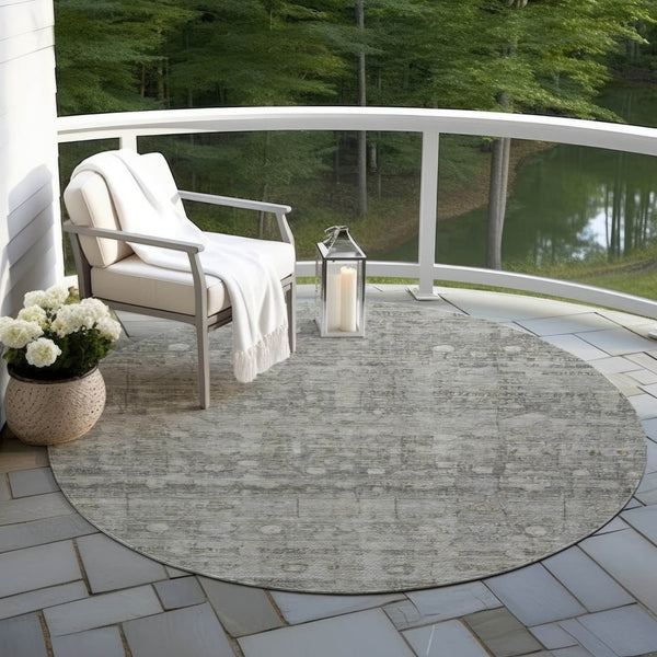 HomeRoots 8' Modern Pewter and Gray Geometric Round Area Rug - Durable, Washable Design for Indoor/Outdoor Use 620373