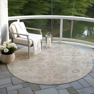 HomeRoots 8' Round Tribal Area Rug in Linen & Gray – Washable, Durable, Modern Design for Indoor & Outdoor Use 620391