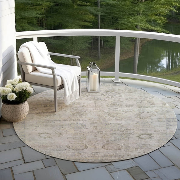 HomeRoots 8' Round Tribal Area Rug in Linen & Gray – Washable, Durable, Modern Design for Indoor & Outdoor Use 620391