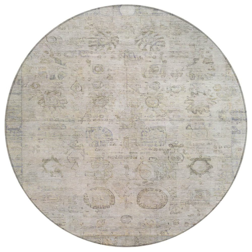 HomeRoots 8' Round Tribal Area Rug in Linen & Gray – Washable, Durable, Modern Design for Indoor & Outdoor Use 620391