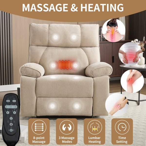 English Elm Beige Chenille Power Lift Recliner Dual Motor Massage Heat 350 Lb Capacity Beige W1803P264021