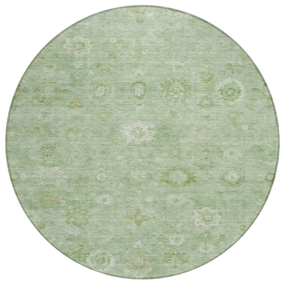 HomeRoots 8' Stylish Round Damask Area Rug in Artichoke Green, Ivory & Mint - Washable for Indoor/Outdoor Use 620415