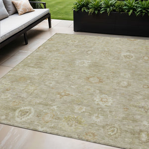 HomeRoots 5' X 8' Elegant Damask Indoor Outdoor Area Rug - Beige Tan Ivory, Stain-Resistant & Washable! 620420
