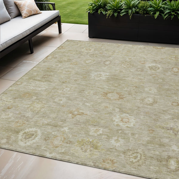 HomeRoots 5' X 8' Elegant Damask Indoor Outdoor Area Rug - Beige Tan Ivory, Stain-Resistant & Washable! 620420
