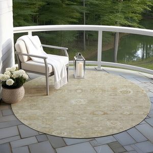 HomeRoots 8' Beige Tan and Ivory Damask Round Area Rug - Washable, Durable, Indoor-Outdoor Versatility! 620421