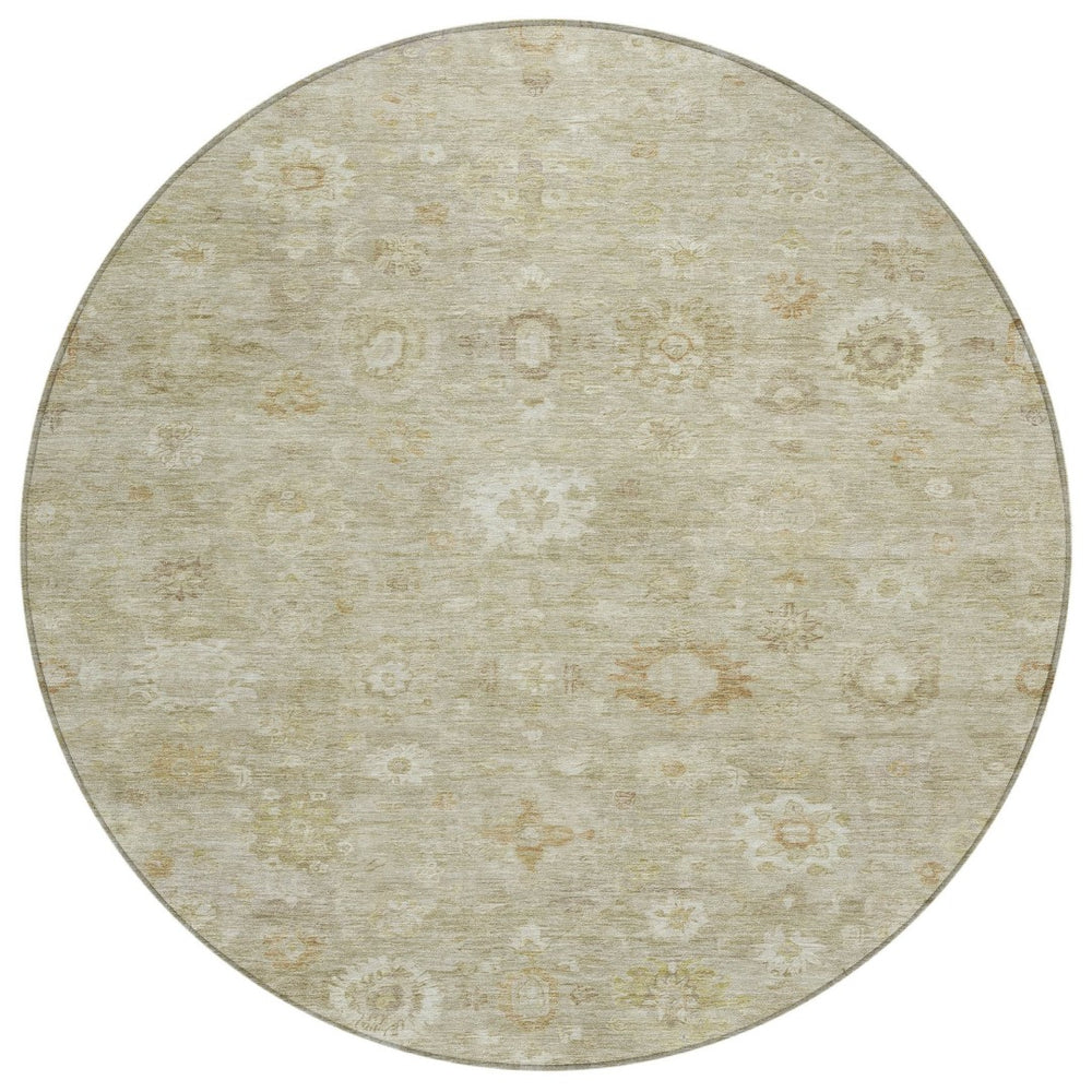 HomeRoots 8' Beige Tan and Ivory Damask Round Area Rug - Washable, Durable, Indoor-Outdoor Versatility! 620421