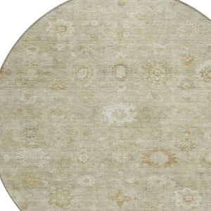 HomeRoots 8' Beige Tan and Ivory Damask Round Area Rug - Washable, Durable, Indoor-Outdoor Versatility! 620421