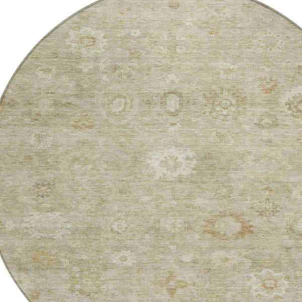 HomeRoots 8' Beige Tan and Ivory Damask Round Area Rug - Washable, Durable, Indoor-Outdoor Versatility! 620421