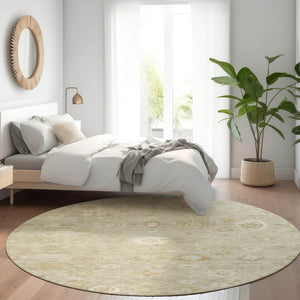 HomeRoots 8' Beige Tan and Ivory Damask Round Area Rug - Washable, Durable, Indoor-Outdoor Versatility! 620421
