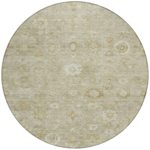 HomeRoots 8' Beige Tan and Ivory Damask Round Area Rug - Washable, Durable, Indoor-Outdoor Versatility! 620421