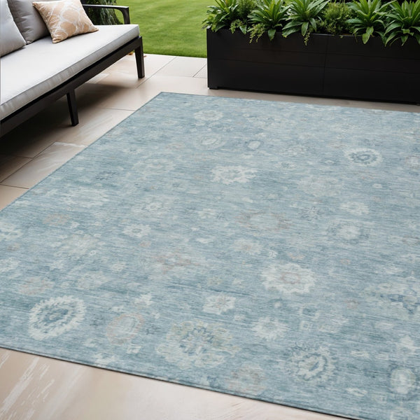 HomeRoots 5' X 8' Elegant Blue Ivory Gray Damask Area Rug - Washable Indoor/Outdoor Style for Any Space 620426