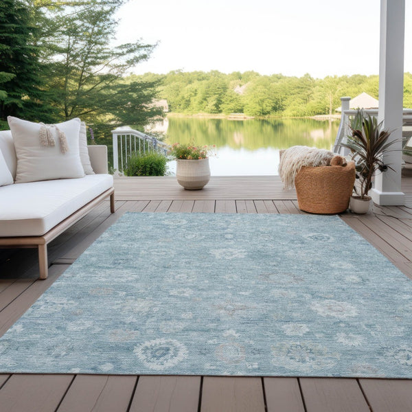 HomeRoots 5' X 8' Elegant Blue Ivory Gray Damask Area Rug - Washable Indoor/Outdoor Style for Any Space 620426