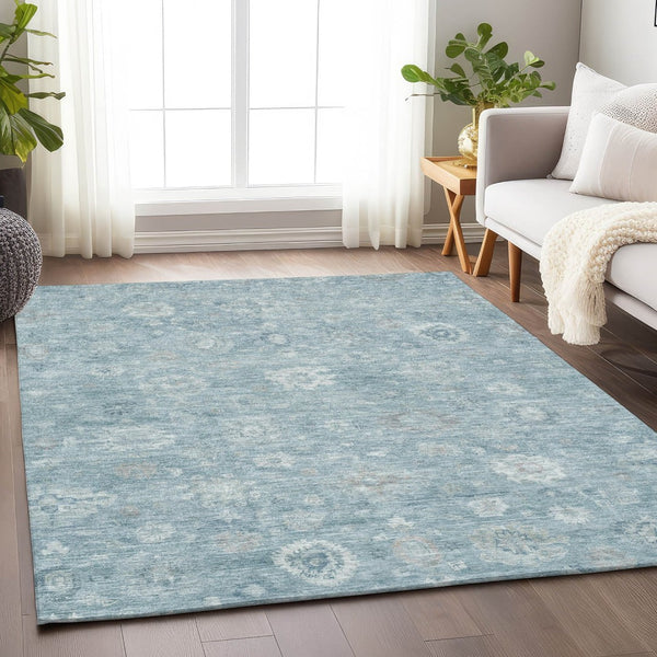 HomeRoots 5' X 8' Elegant Blue Ivory Gray Damask Area Rug - Washable Indoor/Outdoor Style for Any Space 620426